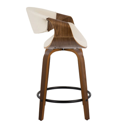 The Curvini Mid-Century Modern Fixed Height Counter Stool with Swivel (Set of 2) features a curved wooden frame, light beige cushioned seat and backrest, black metal footrest, and sleek contemporary lines.