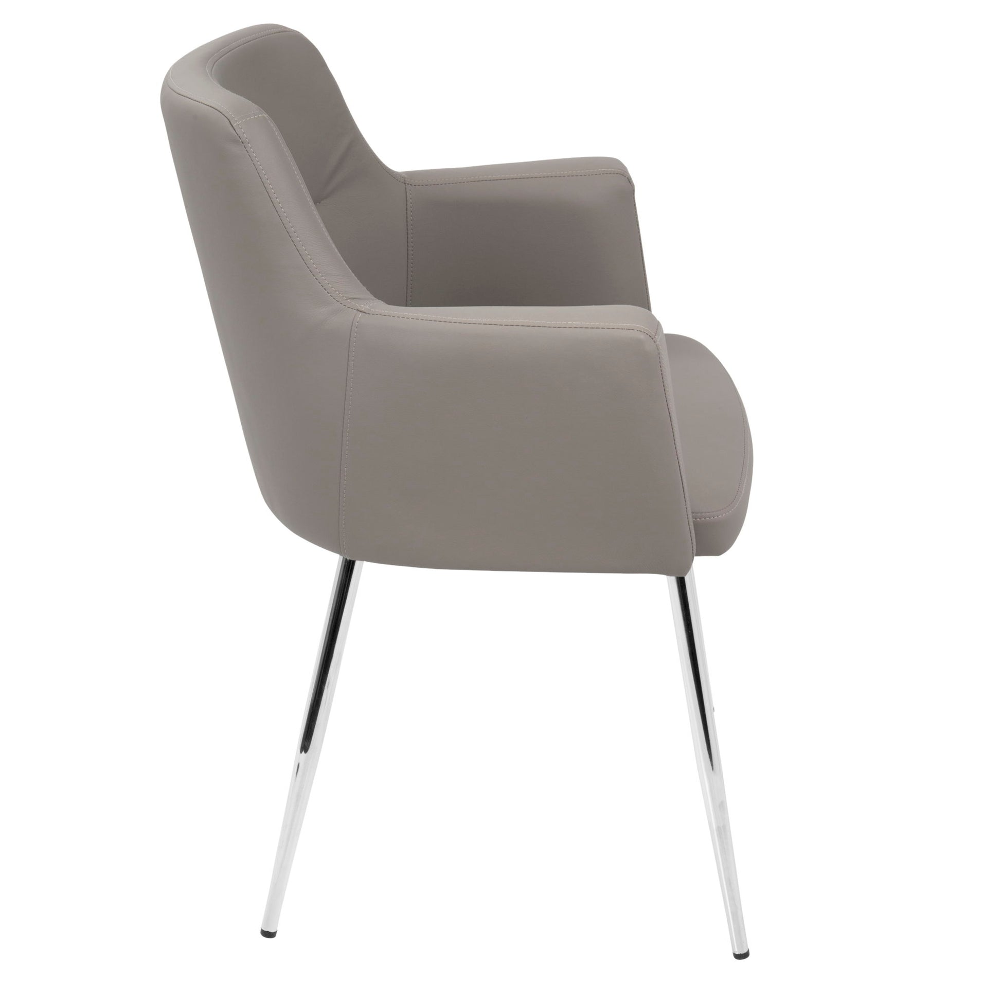 The Andrew - Contemporary Dining Chair (Set of 2) features a light gray upholstered seat and backrest, armrests, and four slender metal legs. Shown from the side view.
