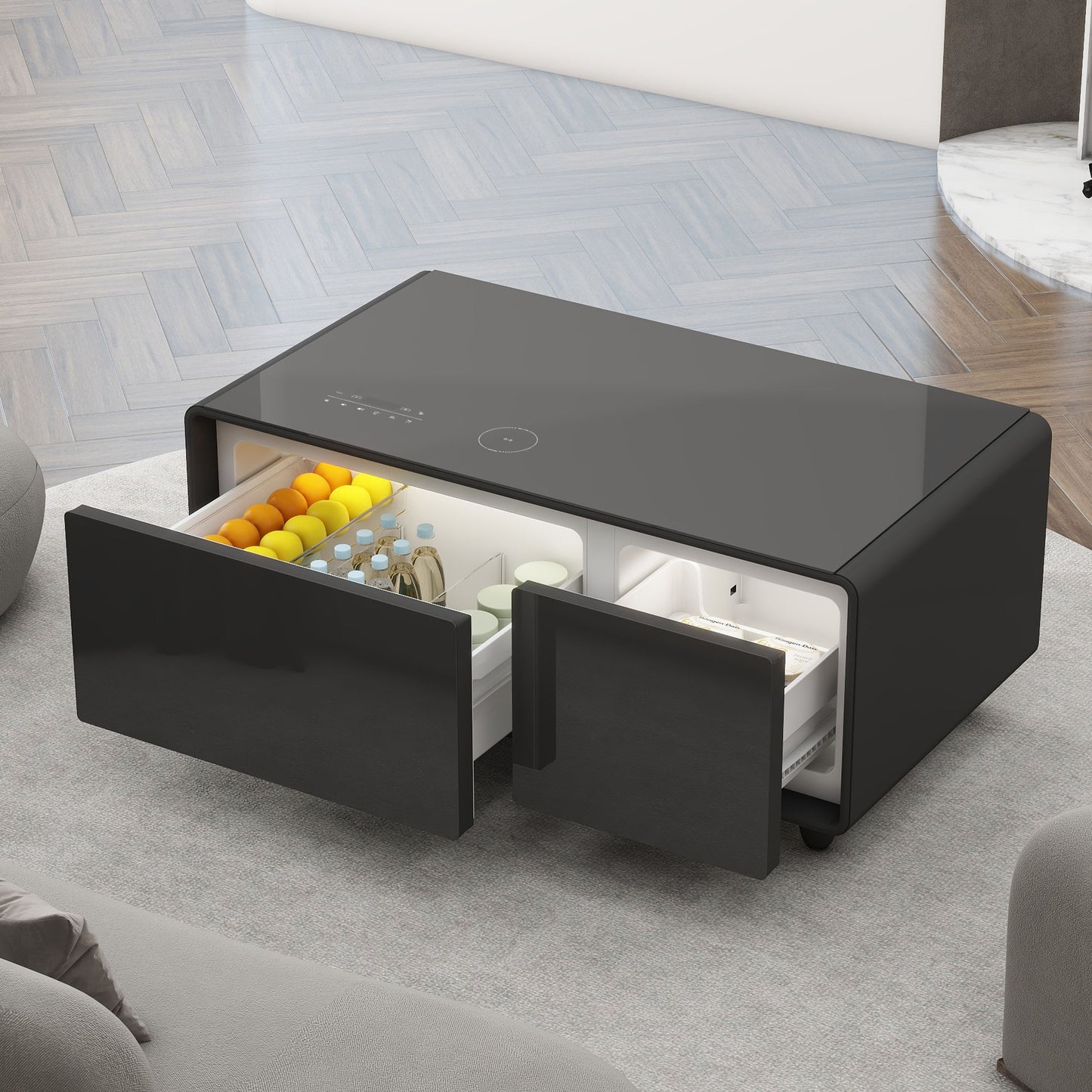 The Modern Smart Coffee Table With Built-In Fridge, shown open to display drinks and fruit, sits in a contemporary living room with wood floors and gray furniture, offering Bluetooth speakers, wireless charging, USB ports, and touch controls.