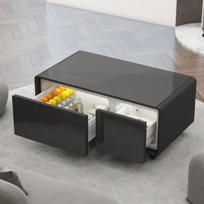 The Modern Smart Coffee Table With Built-In Fridge, shown open to display drinks and fruit, sits in a contemporary living room with wood floors and gray furniture, offering Bluetooth speakers, wireless charging, USB ports, and touch controls.