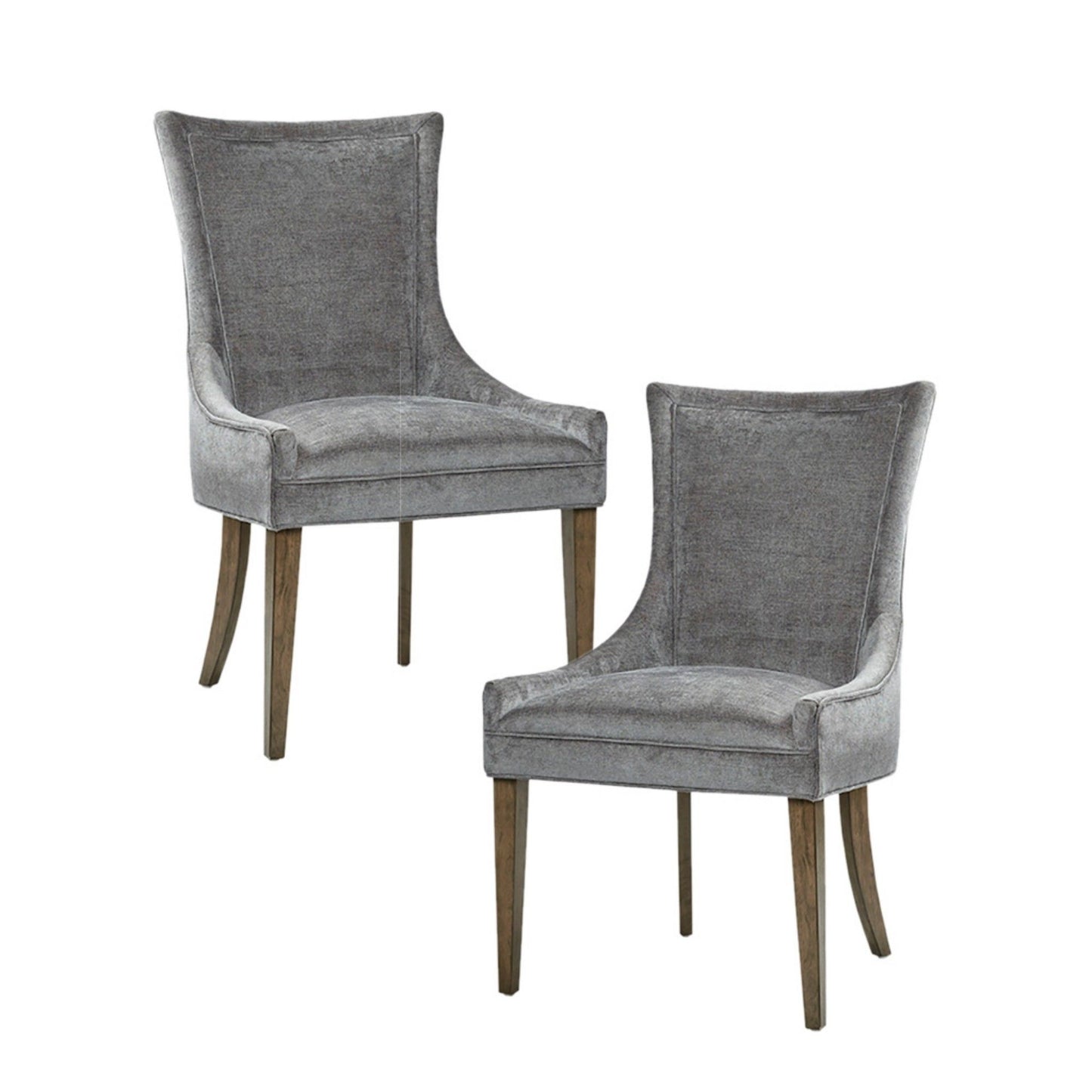 A set of two Ultra - Elegant Dining Side Chairs with gray upholstery, high backs, and wooden legs are displayed on a white background—one angled, the other facing forward.