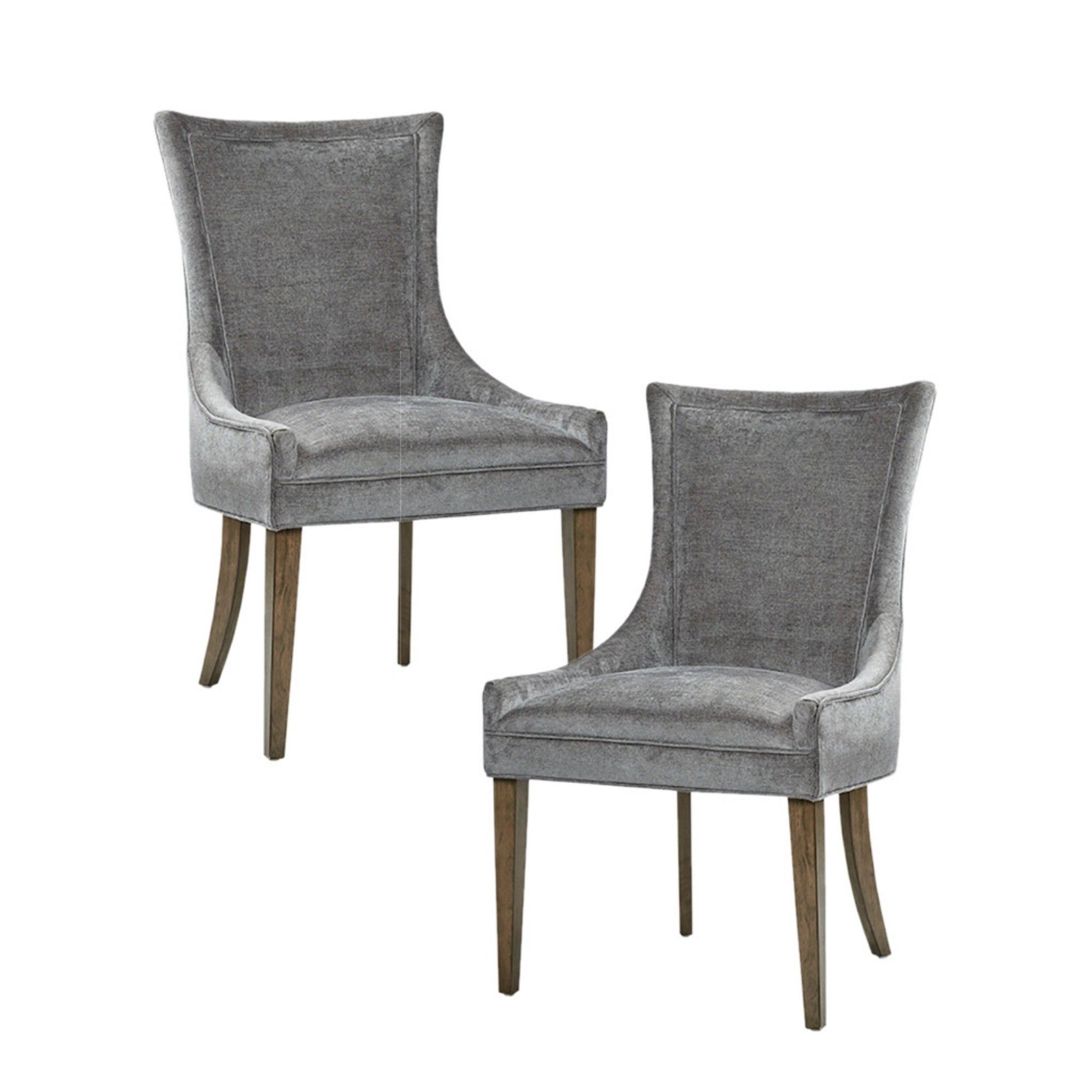 A set of two Ultra - Elegant Dining Side Chairs with gray upholstery, high backs, and wooden legs are displayed on a white background—one angled, the other facing forward.
