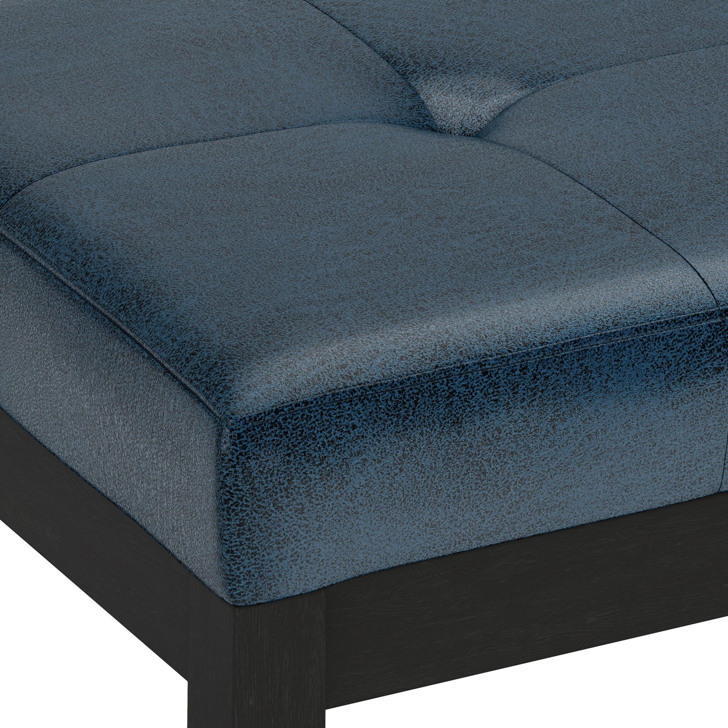 Close-up of the Lacey - Upholstered Tufted Ottoman Bench featuring a blue textured cushion, tufted stitching, and a dark wooden frame.