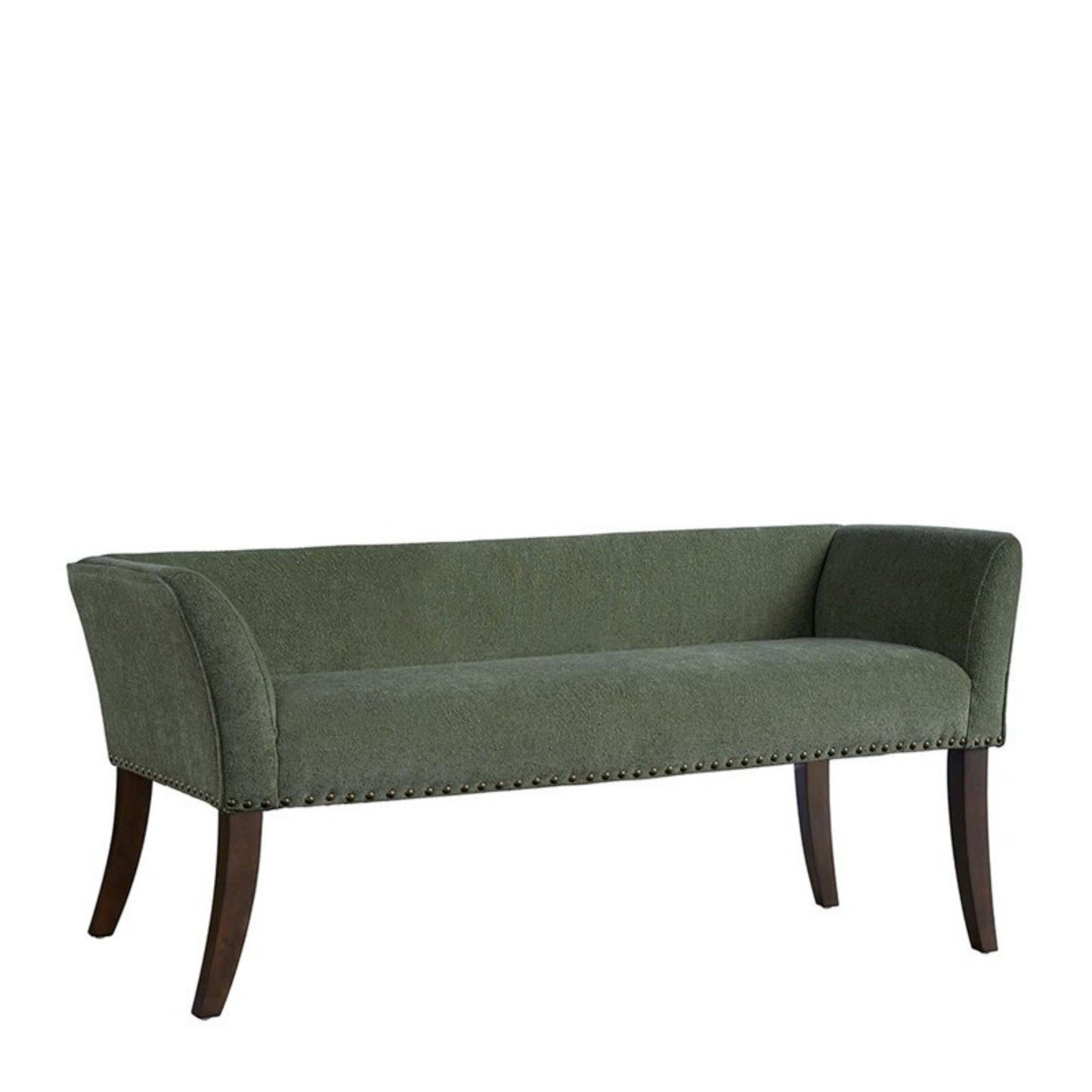 The Elegant Design Bench Upholstery features a green seat, curved armrests, dark solid wood legs, and decorative nailhead trim along the base, displayed against a white background.