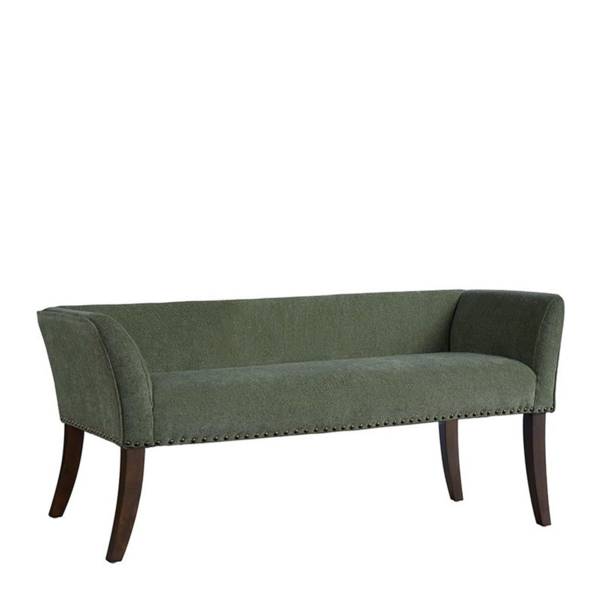 The Elegant Design Bench Upholstery features a green seat, curved armrests, dark solid wood legs, and decorative nailhead trim along the base, displayed against a white background.