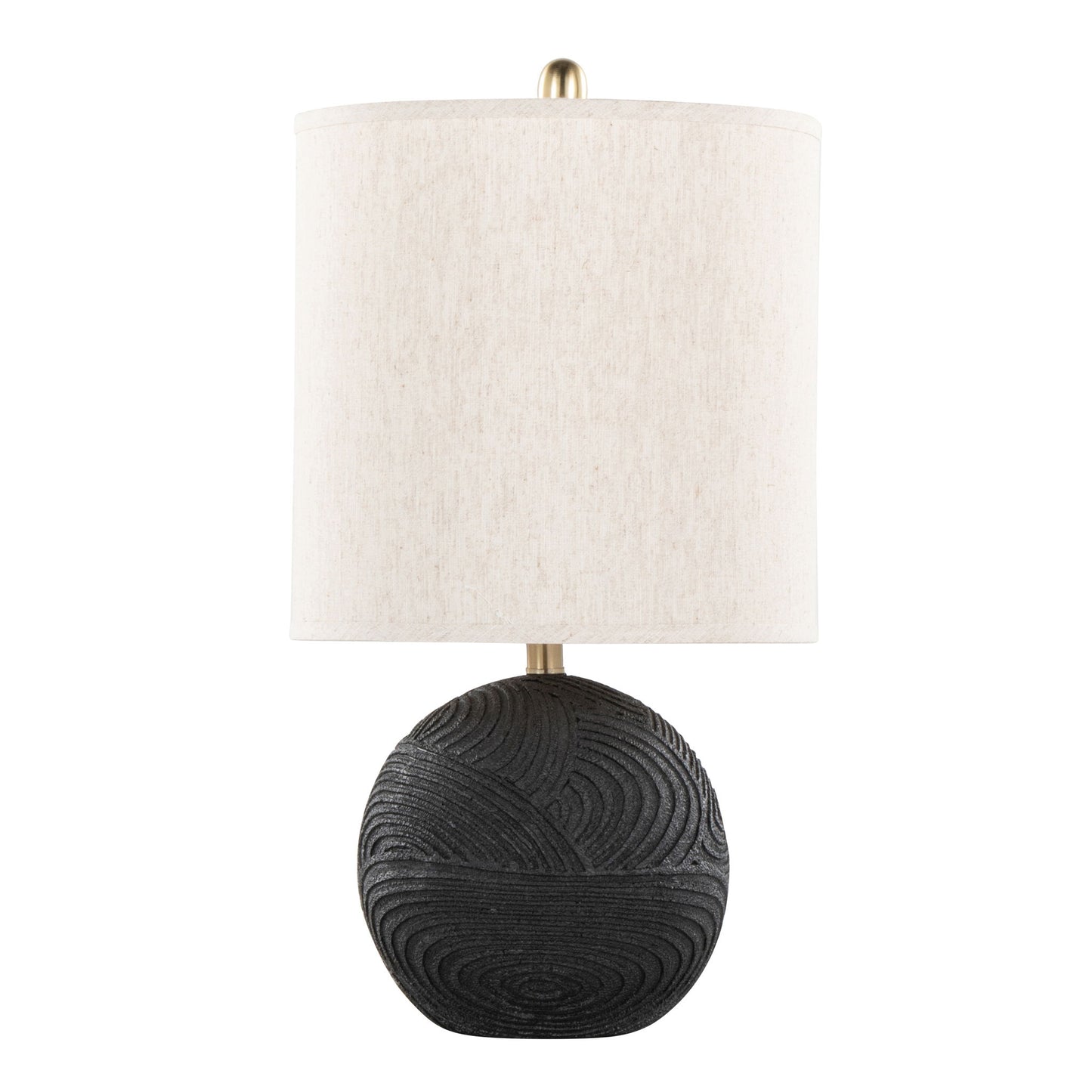 The Kona Contemporary Table Lamp (Set of 2) features a matte black, swirl-textured round base and a simple cylindrical natural fabric shade for a modern touch.