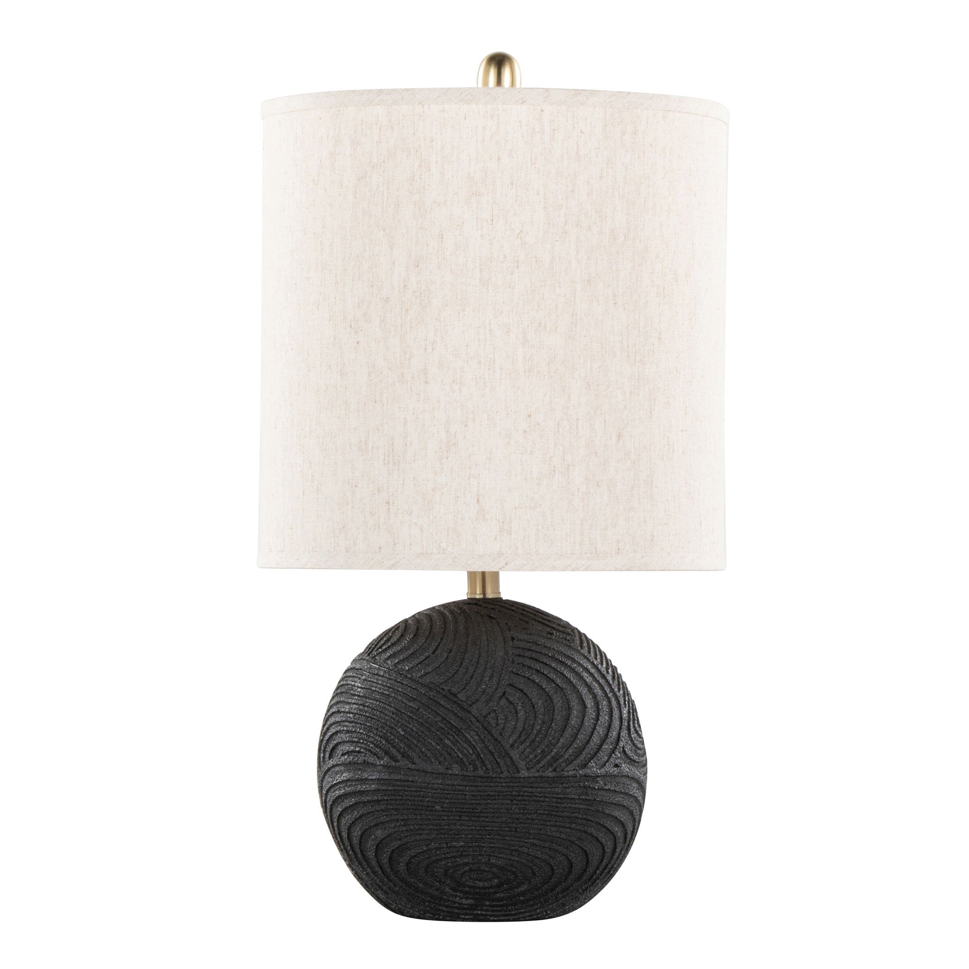The Kona Contemporary Table Lamp (Set of 2) features a matte black, swirl-textured round base and a simple cylindrical natural fabric shade for a modern touch.