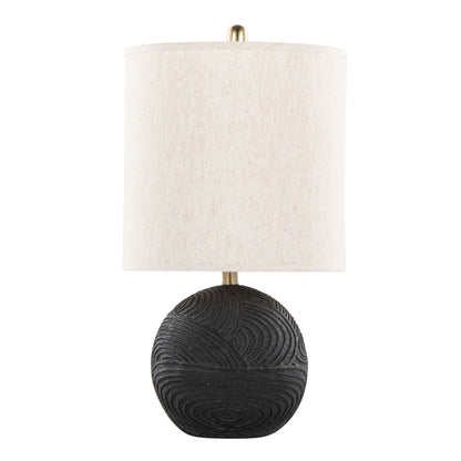 The Kona Contemporary Table Lamp (Set of 2) features a matte black, swirl-textured round base and a simple cylindrical natural fabric shade for a modern touch.