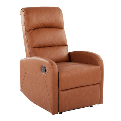 The Dormi - Contemporary Recliner Chair is a brown leather recliner with padded backrest and armrests, featuring a manual reclining lever on the side.