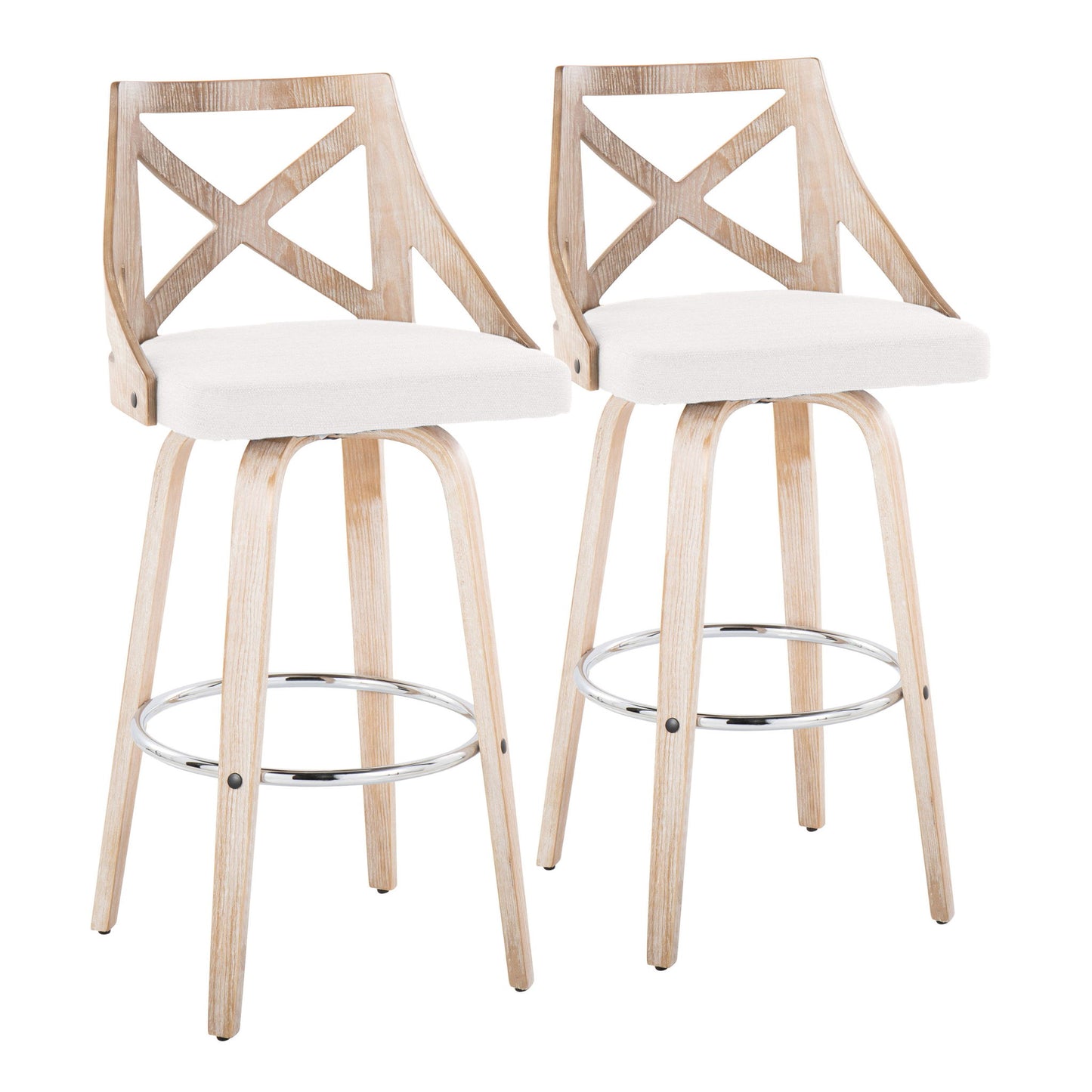 Set of 2 Charlotte farmhouse bar stools with swivel, round metal footrest, X-back design, light wood finish, white cushioned seats, and four angled legs each.