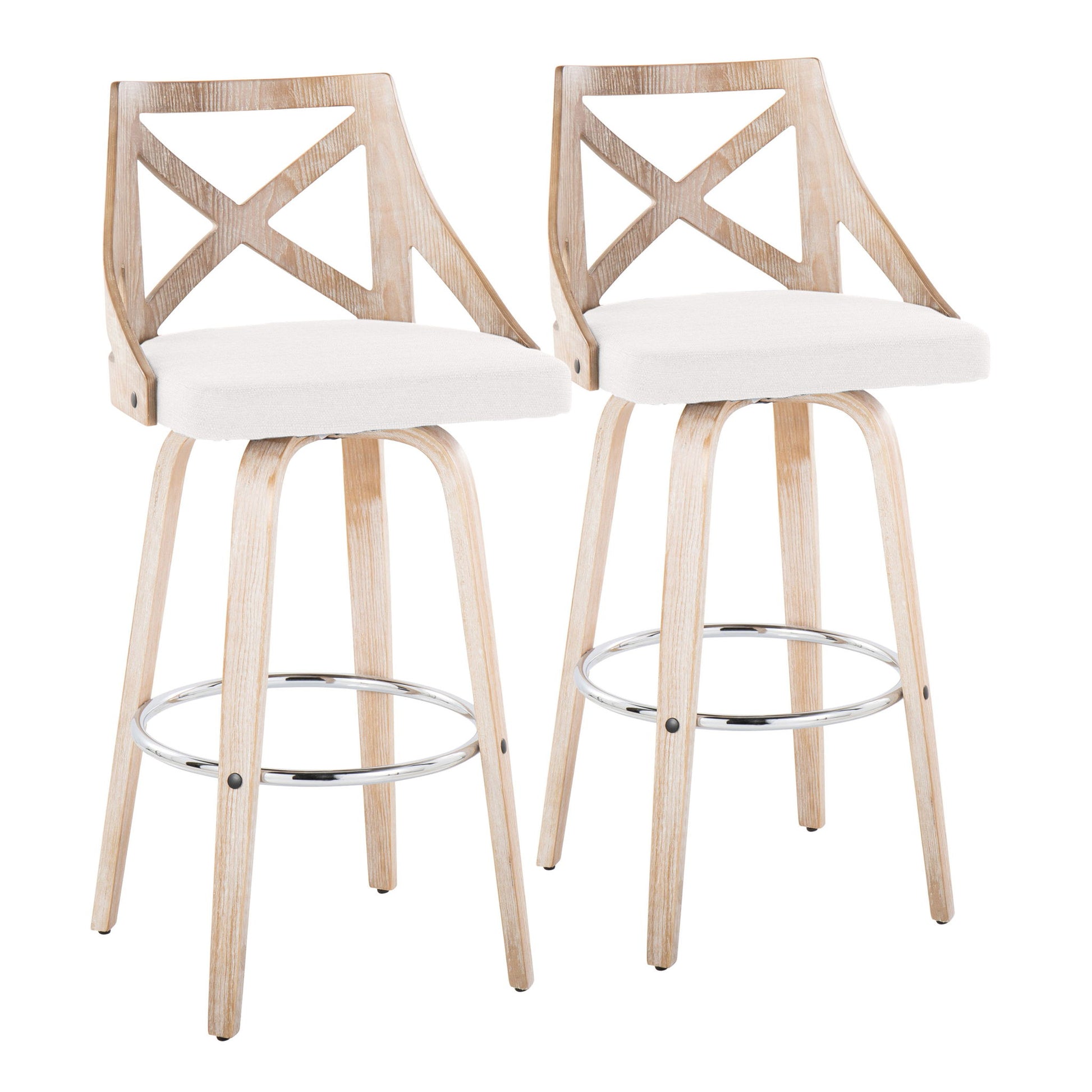 Set of 2 Charlotte farmhouse bar stools with swivel, round metal footrest, X-back design, light wood finish, white cushioned seats, and four angled legs each.