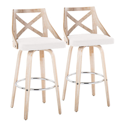 Set of 2 Charlotte farmhouse bar stools with swivel, round metal footrest, X-back design, light wood finish, white cushioned seats, and four angled legs each.