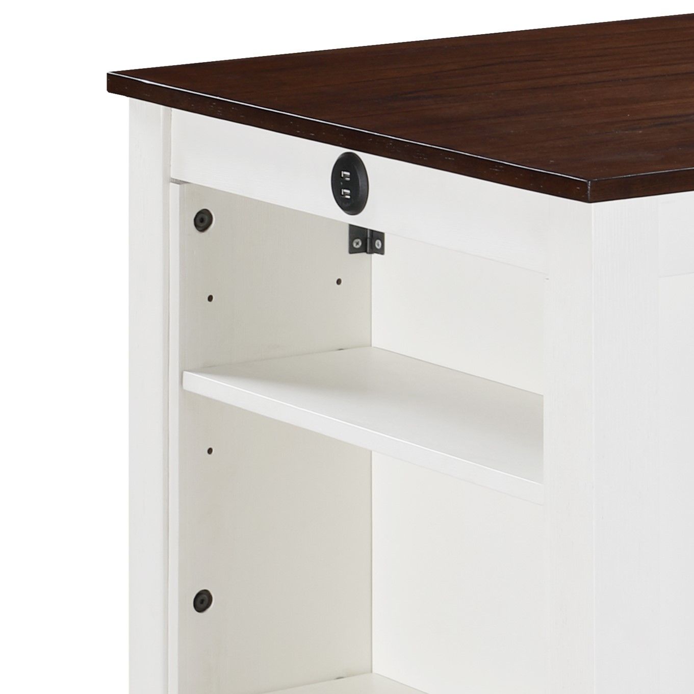 The Graham counter height dining table, perfect for small spaces, features a white frame, dark brown tabletop, open shelf design, and a circular USB charging port above the shelf.