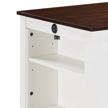 The Graham counter height dining table, perfect for small spaces, features a white frame, dark brown tabletop, open shelf design, and a circular USB charging port above the shelf.