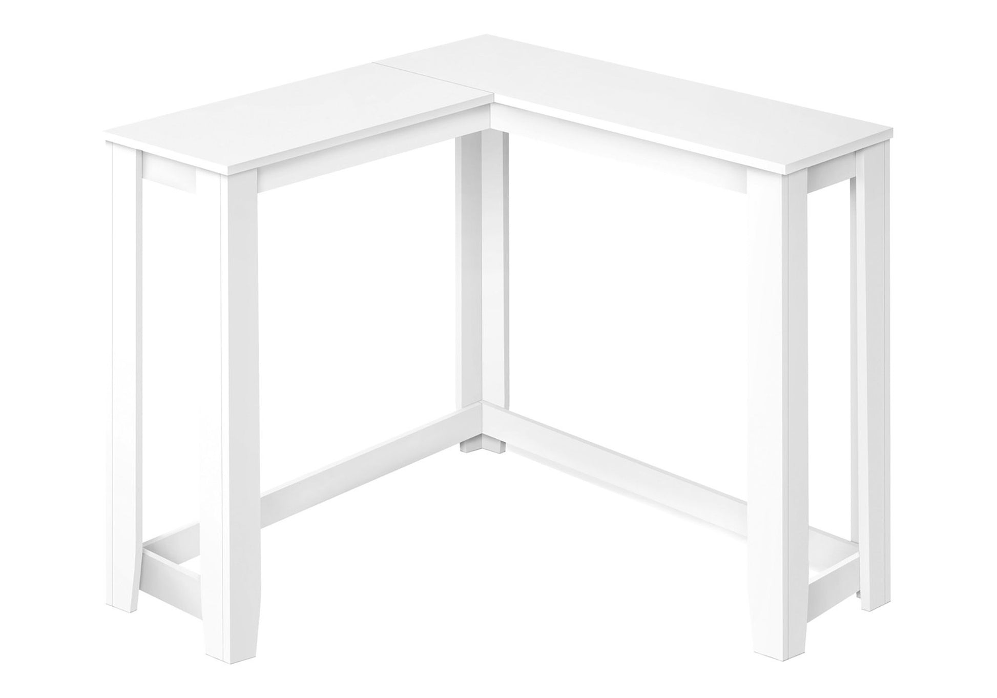 A white, contemporary Corner Accent Console Table for entryway with a unique, modern design and clean lines, perfect for fitting snugly into a corner.