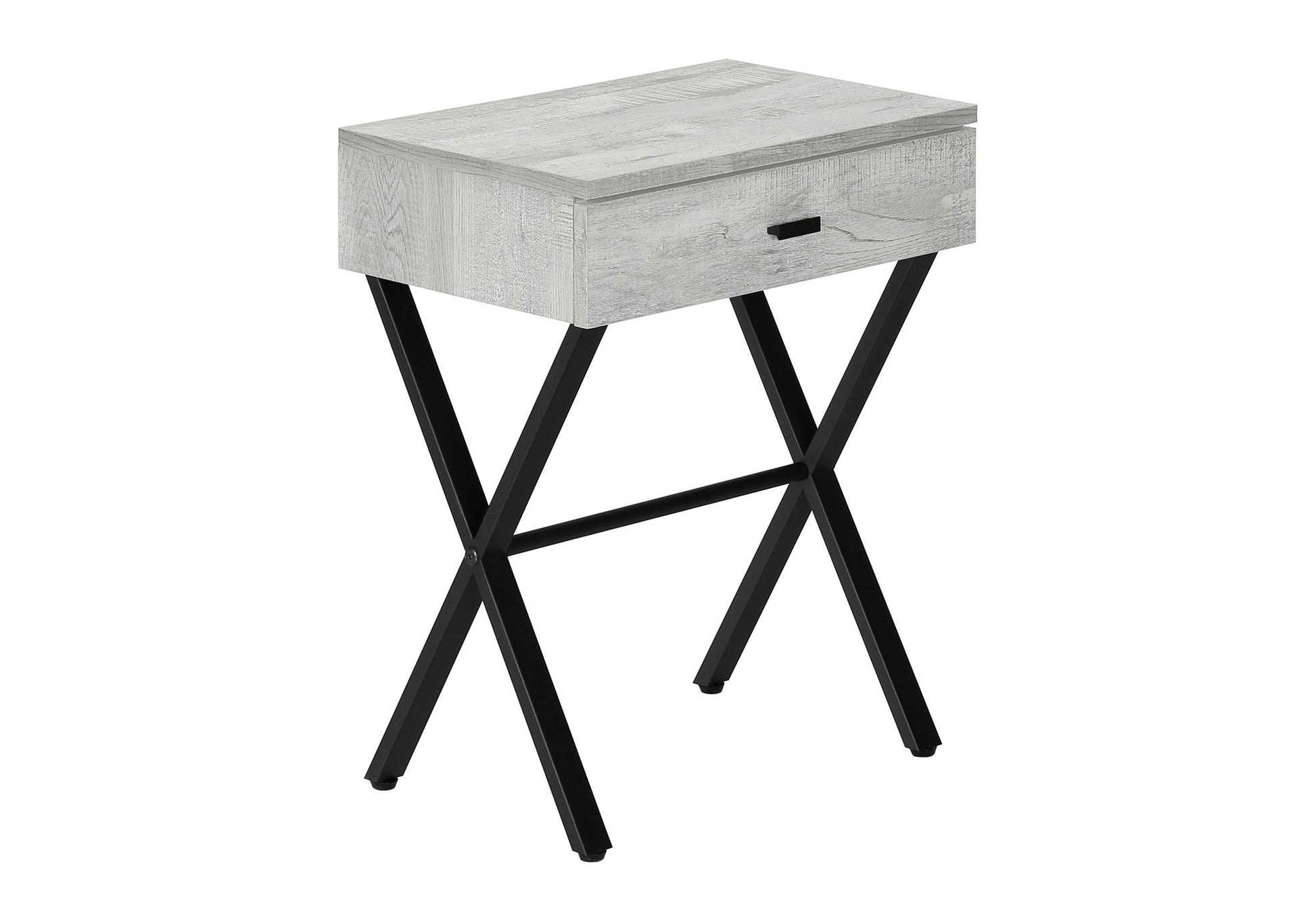The Accent Side X Table features a contemporary design with a light gray wooden top and storage drawer, supported by black metal X-shaped legs.