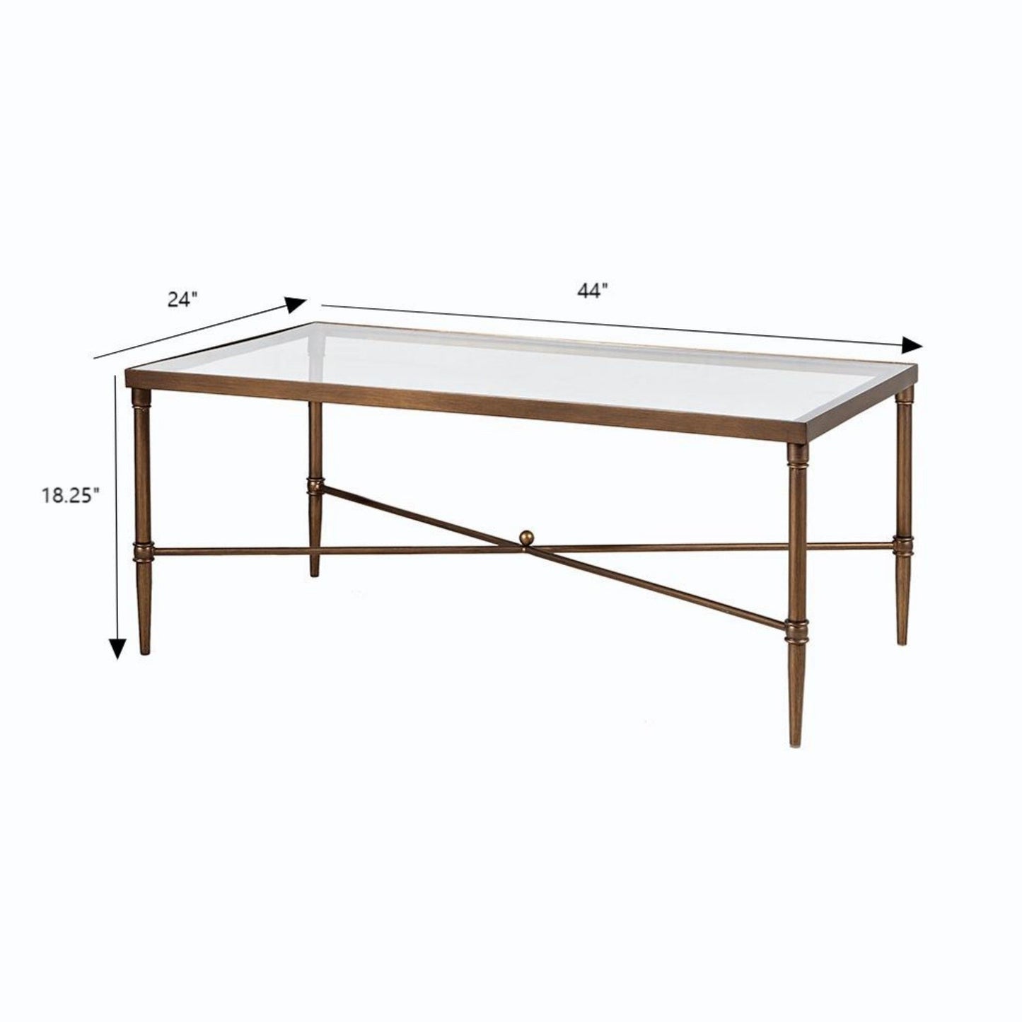 The Metal Rectangle Coffee Table With Tempered Glass Top - Bronze measures 44" L x 24" W x 18.25" H.