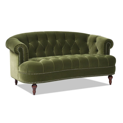 The La Rosa - Victorian Chesterfield Loveseat features olive green velvet upholstery, a curved back, rolled arms, wooden legs, button tufting, and silver nailhead trim along the front and sides.
