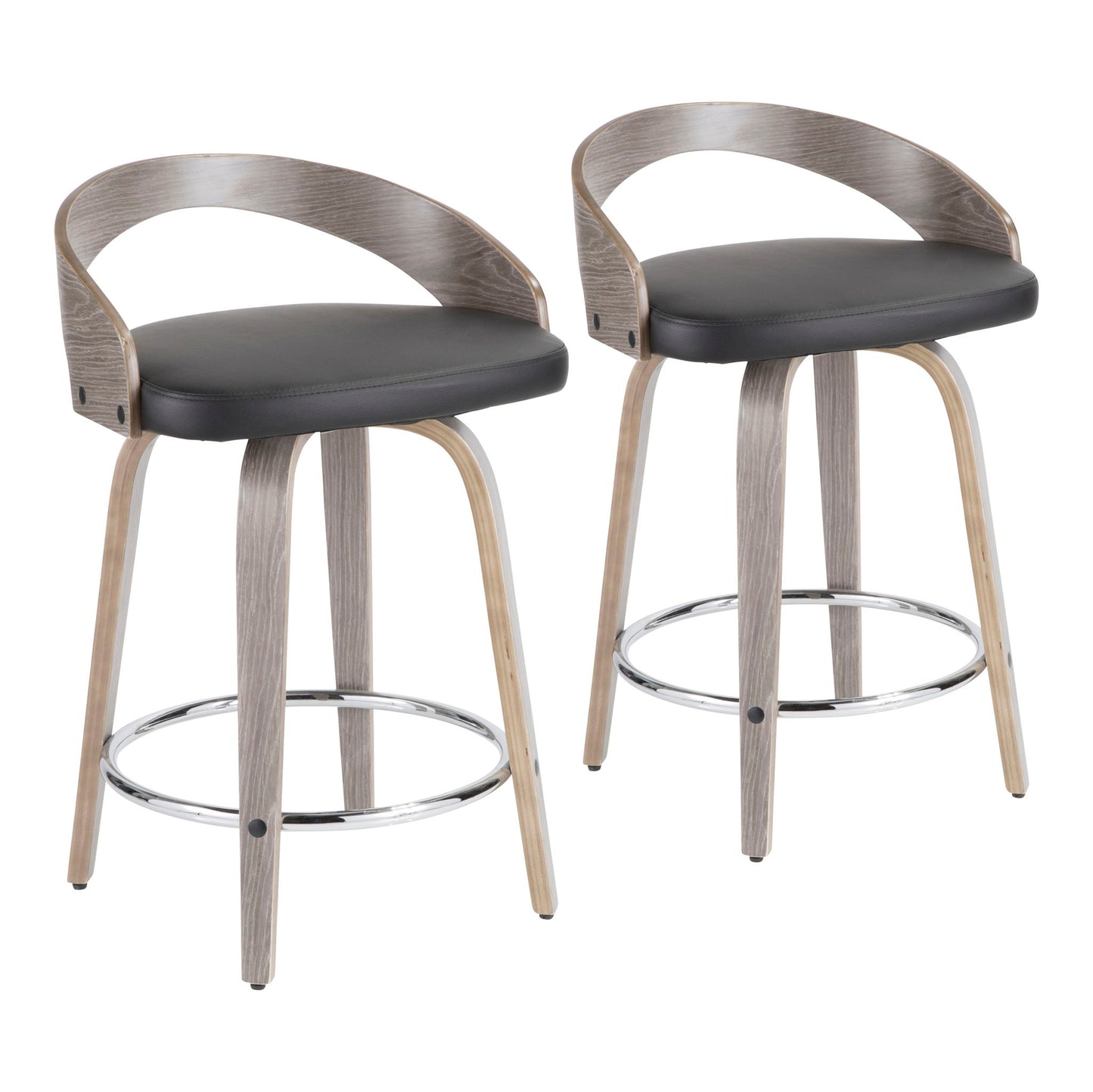 Set of 2 Grotto Contemporary Fixed Height Counter Stools feature swivel seats, curved wooden backs, black cushions, light wood legs, and a chrome round footrest for added support.