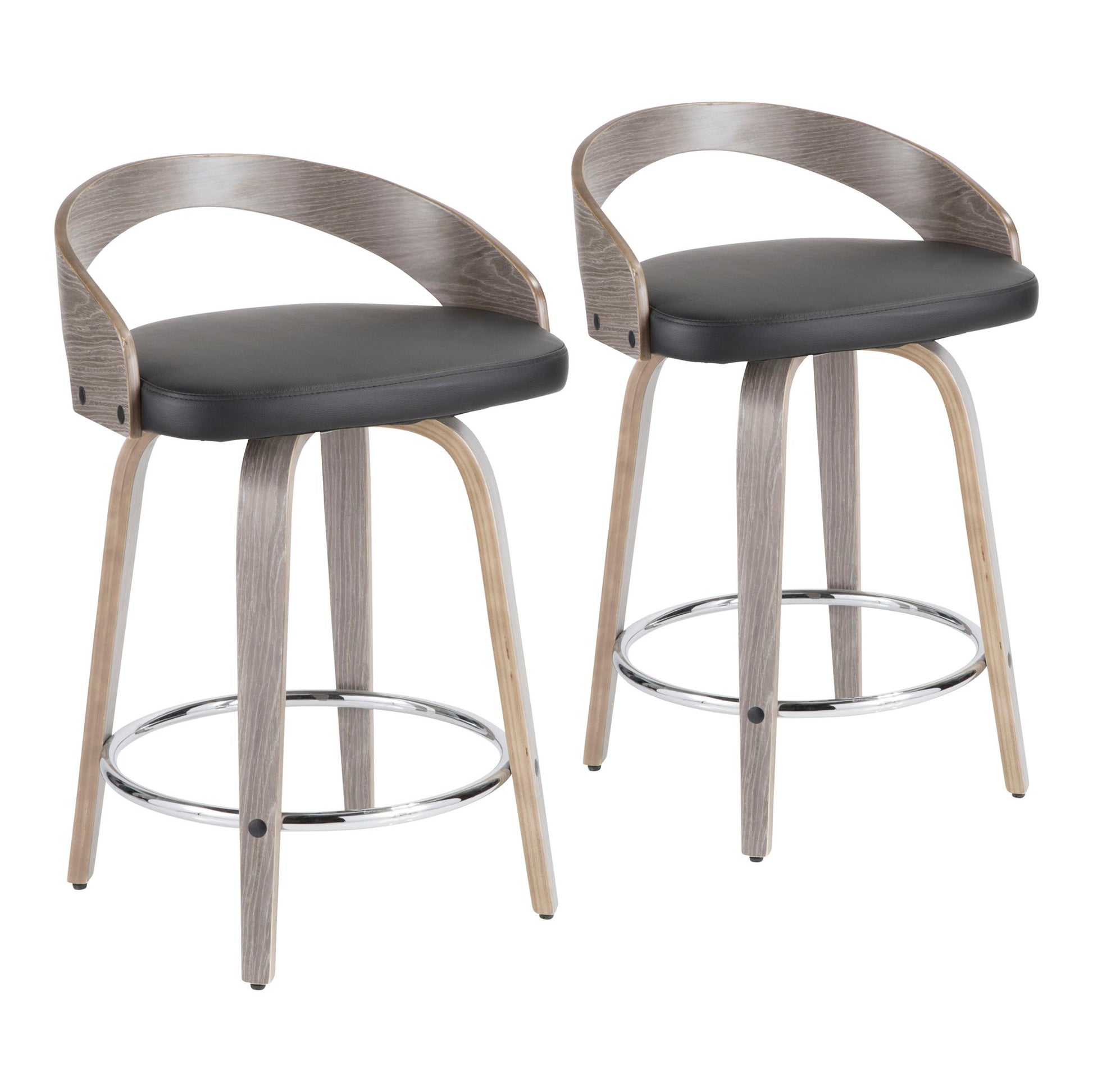 Set of 2 Grotto Contemporary Fixed Height Counter Stools feature swivel seats, curved wooden backs, black cushions, light wood legs, and a chrome round footrest for added support.