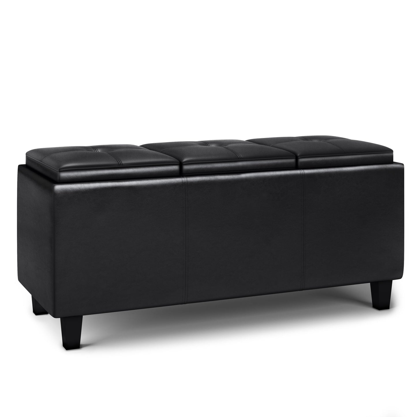 The Avalon Tray Storage Ottoman With Lift Up Lids in Midnight Black is a rectangular upholstered bench with short legs and a tufted, cushioned lid divided into three sections.