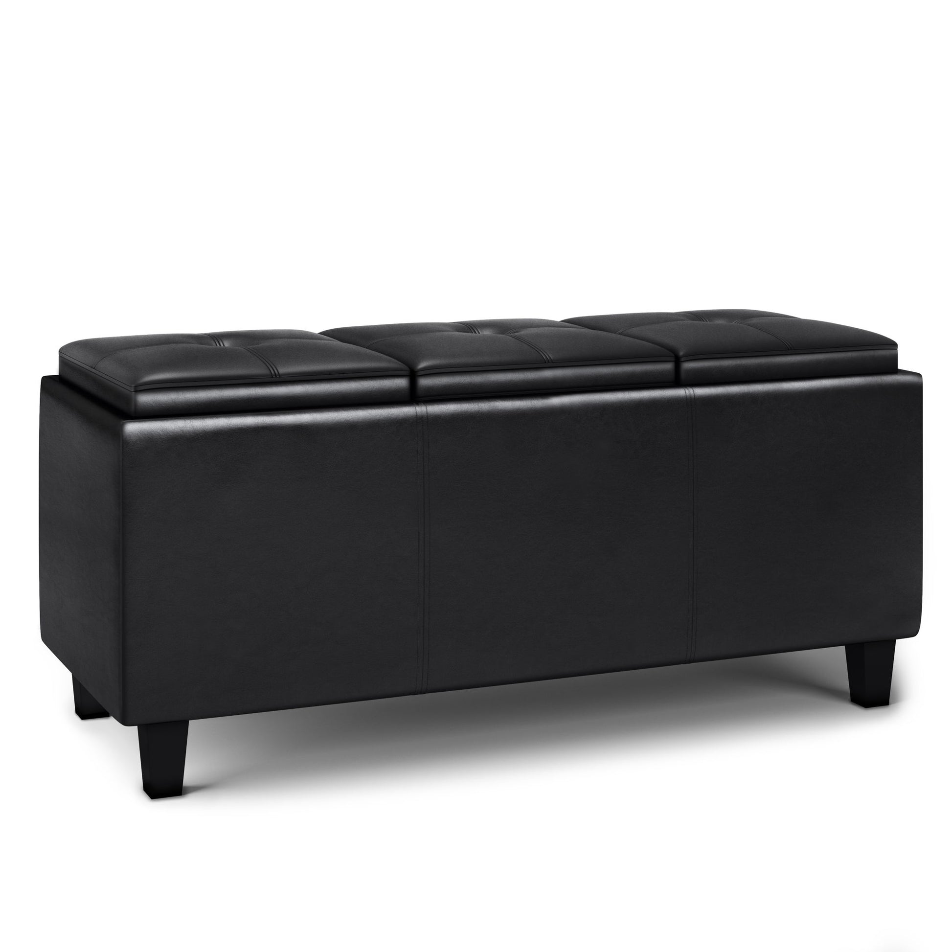 The Avalon Tray Storage Ottoman With Lift Up Lids in Midnight Black is a rectangular upholstered bench with short legs and a tufted, cushioned lid divided into three sections.