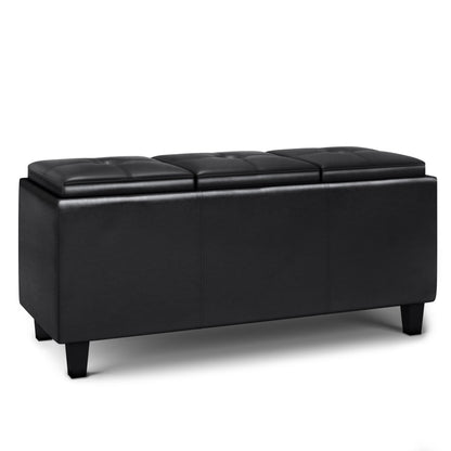 The Avalon Tray Storage Ottoman With Lift Up Lids in Midnight Black is a rectangular upholstered bench with short legs and a tufted, cushioned lid divided into three sections.