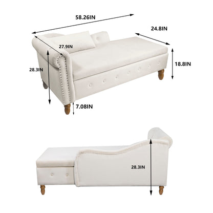 The Chaise Lounge Indoor, a cream velvet chair with storage, pillow, nailhead trim, and wooden legs, is pictured from two angles with black arrows and text marking its width, height, length, seat height & arm height measurements in inches.