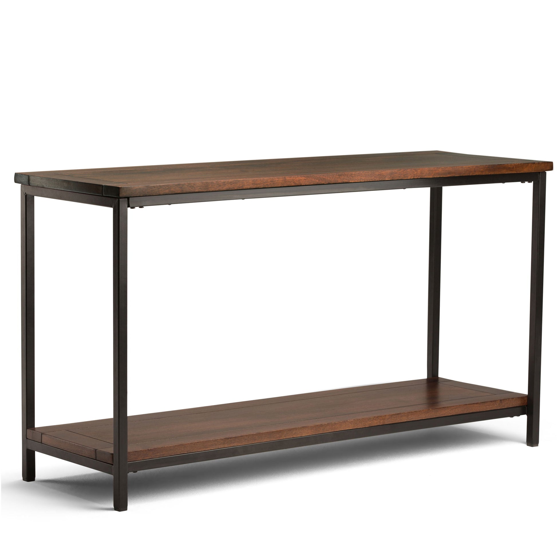 The Skyler - Handcrafted Table is a rectangular wooden console with a dark metal frame, a flat tabletop, and an open lower shelf. Its modern, minimalist design offers stylish storage or display for any space.