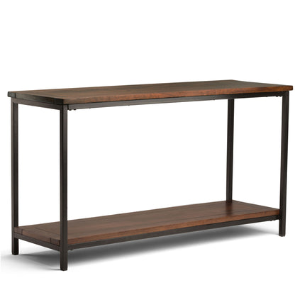 The Skyler - Handcrafted Table is a rectangular wooden console with a dark metal frame, a flat tabletop, and an open lower shelf. Its modern, minimalist design offers stylish storage or display for any space.