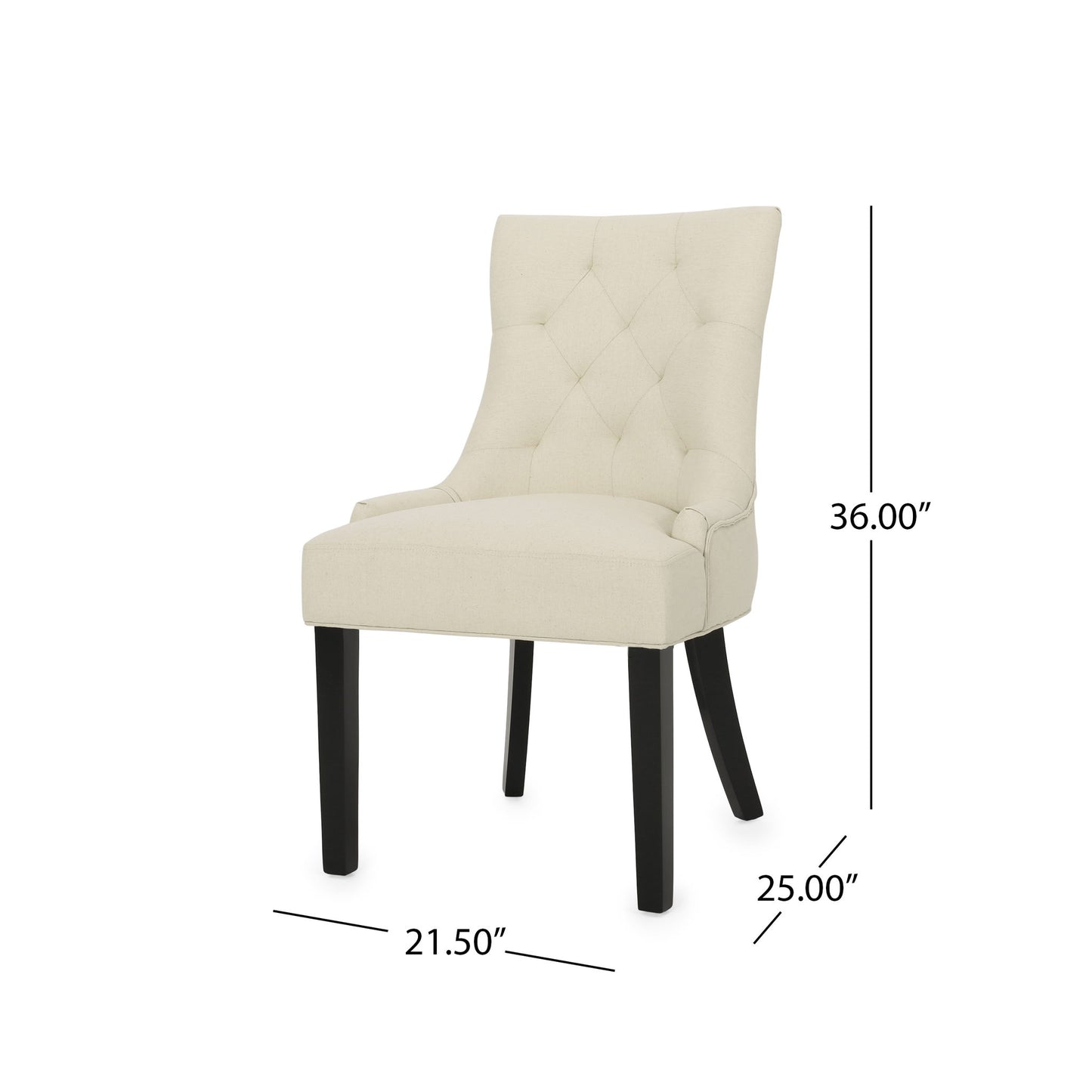 The Cheney Contemporary Dining Chair (Set of 2) features cream tufted upholstery, black wooden legs, and measures 36"H x 21.5"W x 25"D.