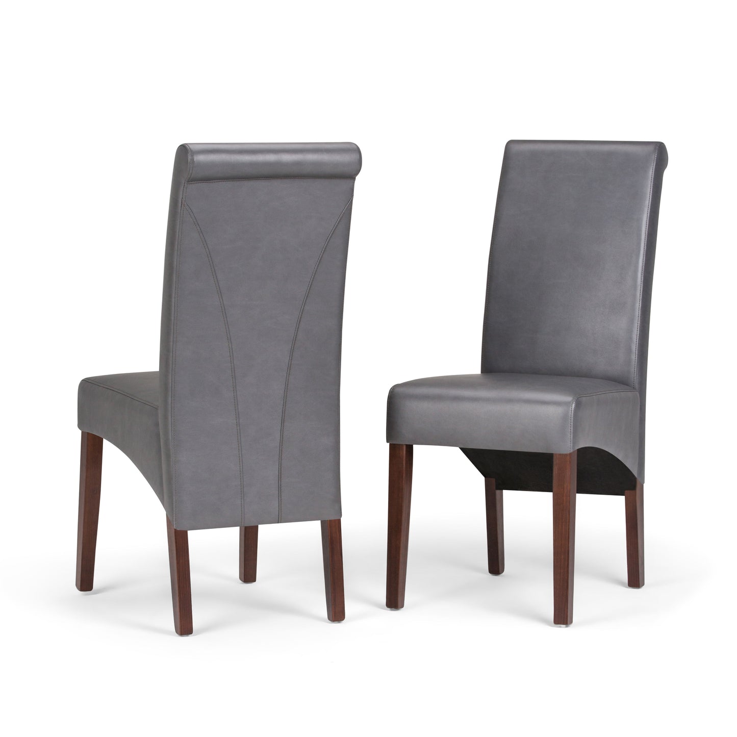 The Avalon - Deluxe Parson Dining Chair (Set of 2) features dark wood legs and smooth grey upholstery with subtle stitching. One chair is shown from the front, the other from the back to highlight the elegant design details.