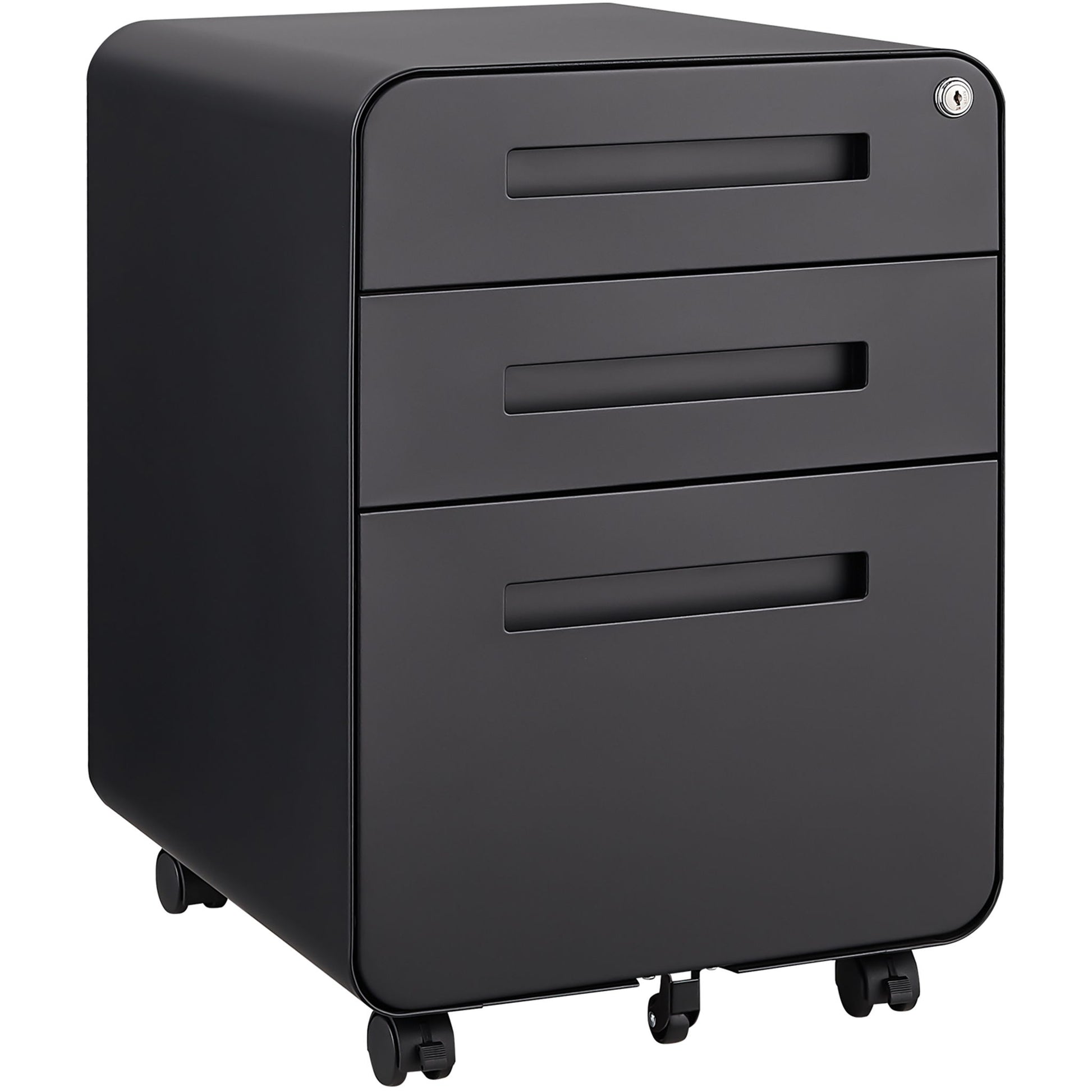 The 3 Drawer Mobile File Cabinet fits under desks, features cold rolled steel, three drawers with a locking top, rounded corners, and 5 wheels for stability; suitable for legal, letter, or A4 files and is waterproof and moisture-proof.