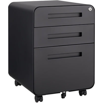 The 3 Drawer Mobile File Cabinet fits under desks, features cold rolled steel, three drawers with a locking top, rounded corners, and 5 wheels for stability; suitable for legal, letter, or A4 files and is waterproof and moisture-proof.