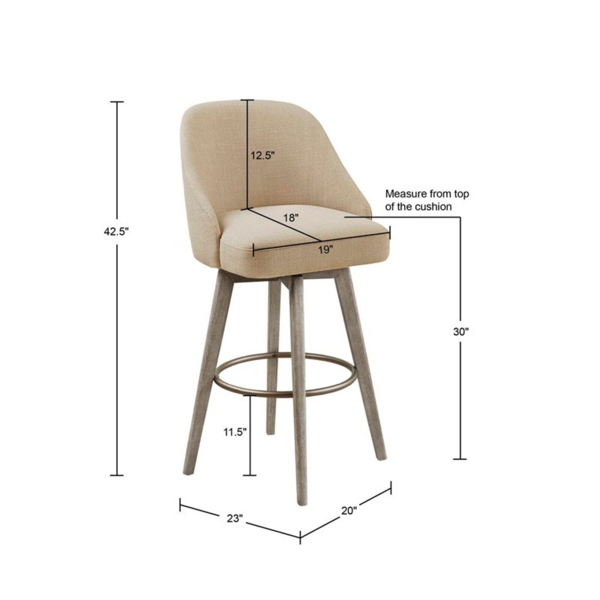The Bar Stool With Swivel Seat - Sand features a curved backrest, wooden legs, and beige upholstery. Measurements: 42.5" height, 30" seat height, 19" seat width, 18" seat depth, 12.5" backrest height, and 23"x20" base.