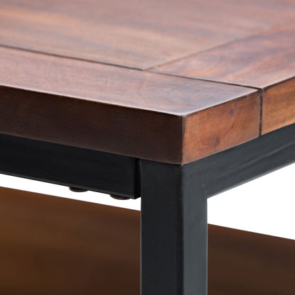 Close-up of the Skyler - Handcrafted Table’s corner, featuring smooth wood grain and a sturdy dark metal frame, highlighted against a white background.
