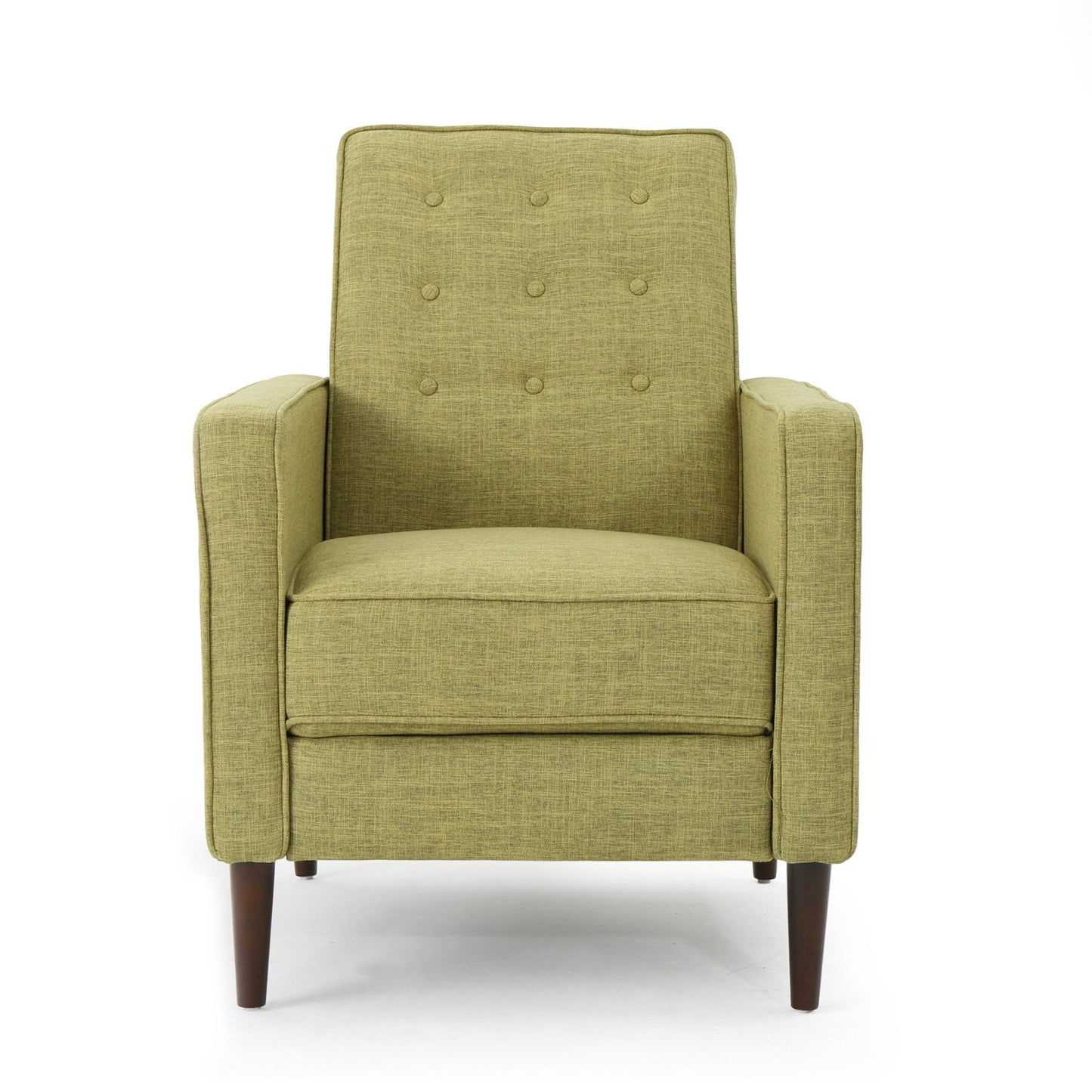 The Mid-Century Modern Recliner features button tufted waffle stitch upholstery, straight arms, and wooden tapered legs, displayed against a white background.