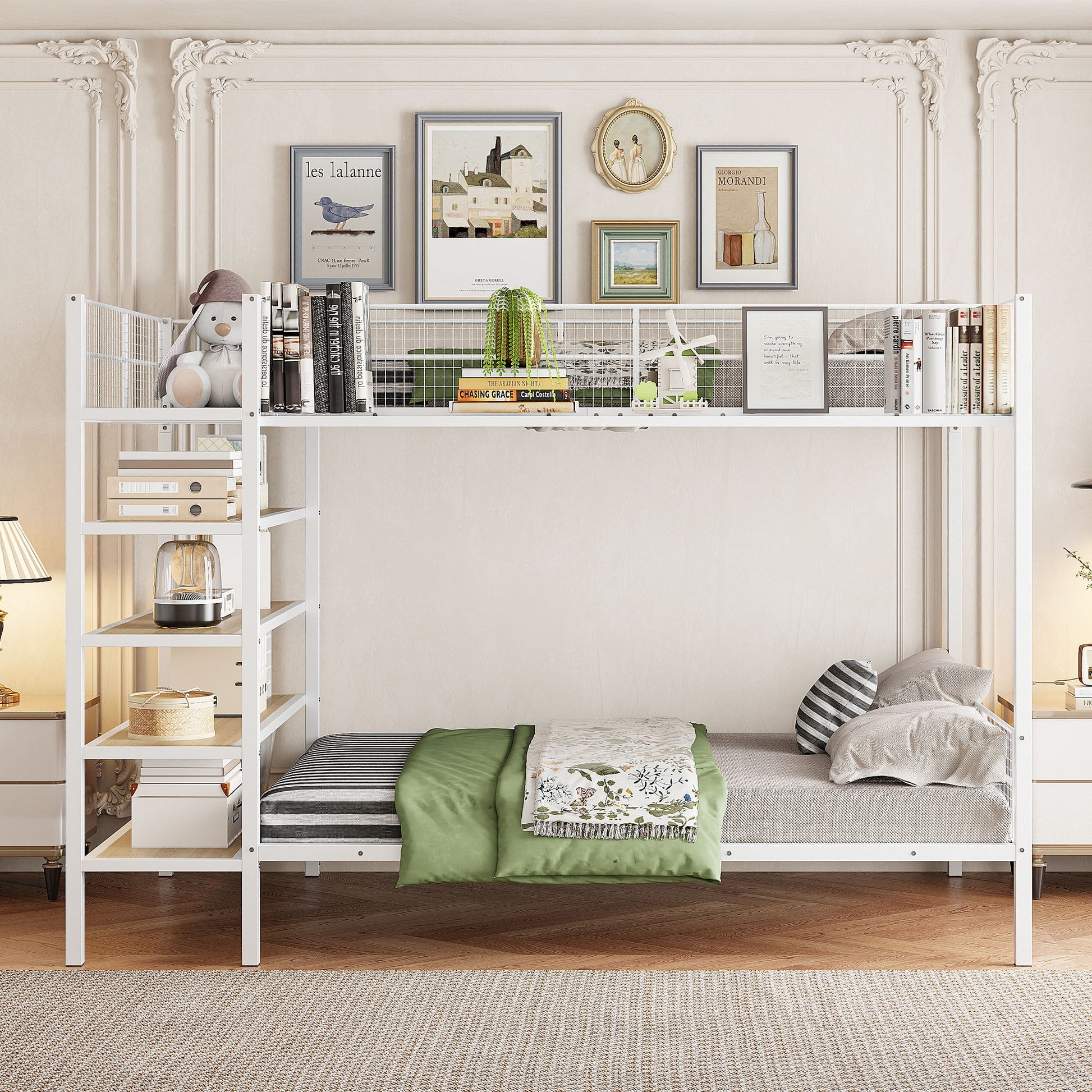 The Bunk Bed With 5 Tier Shelves features white metal framing and shelves displaying books, plants, and decor. The lower bed sports green and gray bedding, surrounded by framed artwork on a light wall in a stylish, cozy room.