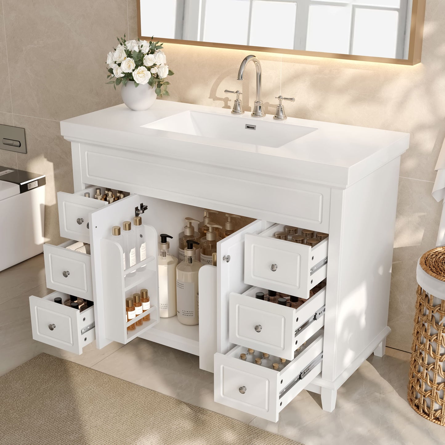 Bathroom Vanity With Sink, 6 Soft Close Drawers & Double Doors - White