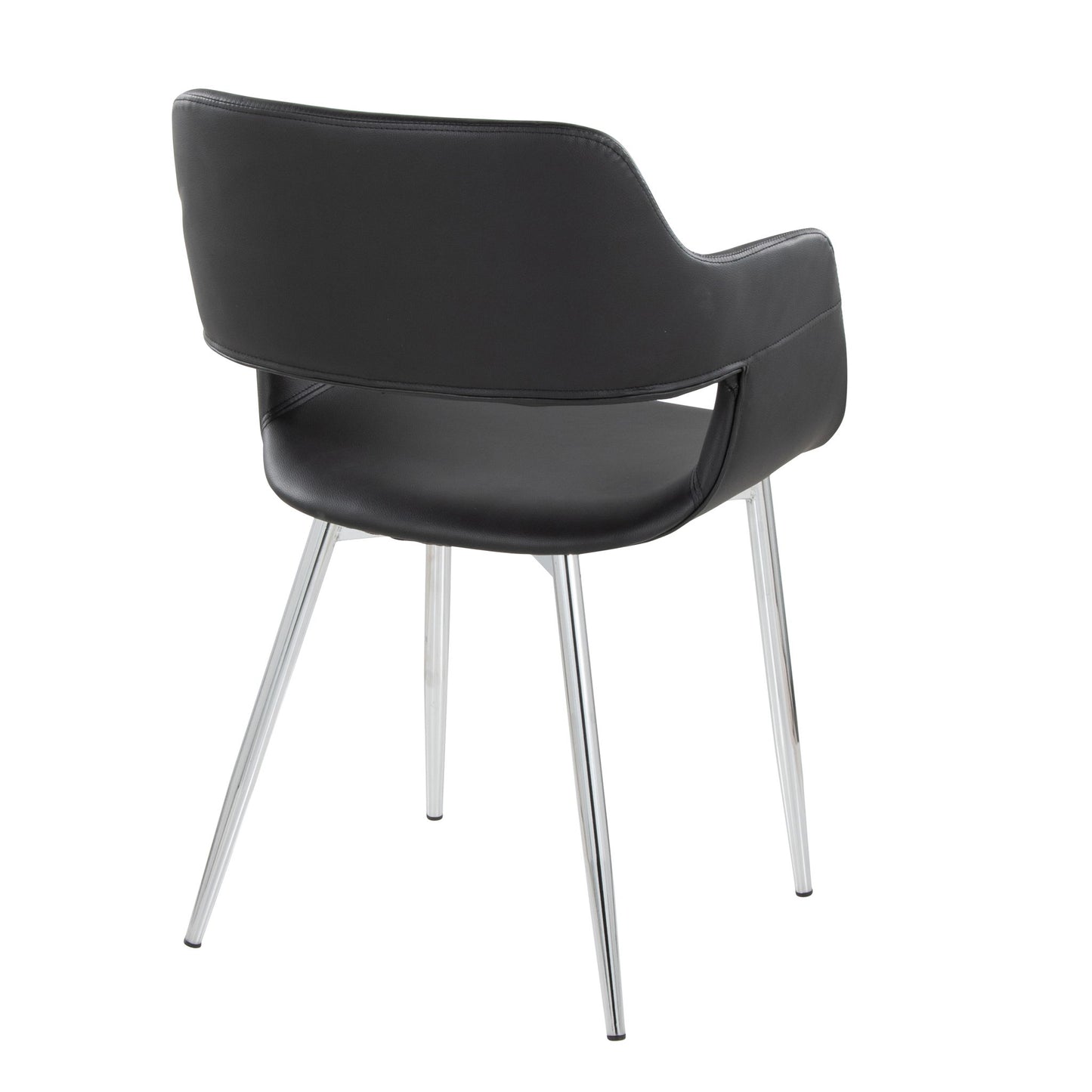 The Margarite - Contemporary Dining Chair (Set of 2) features a curved black leather seat, open lower back, armrests, and four angled chrome legs, shown from a rear side angle against a white background.