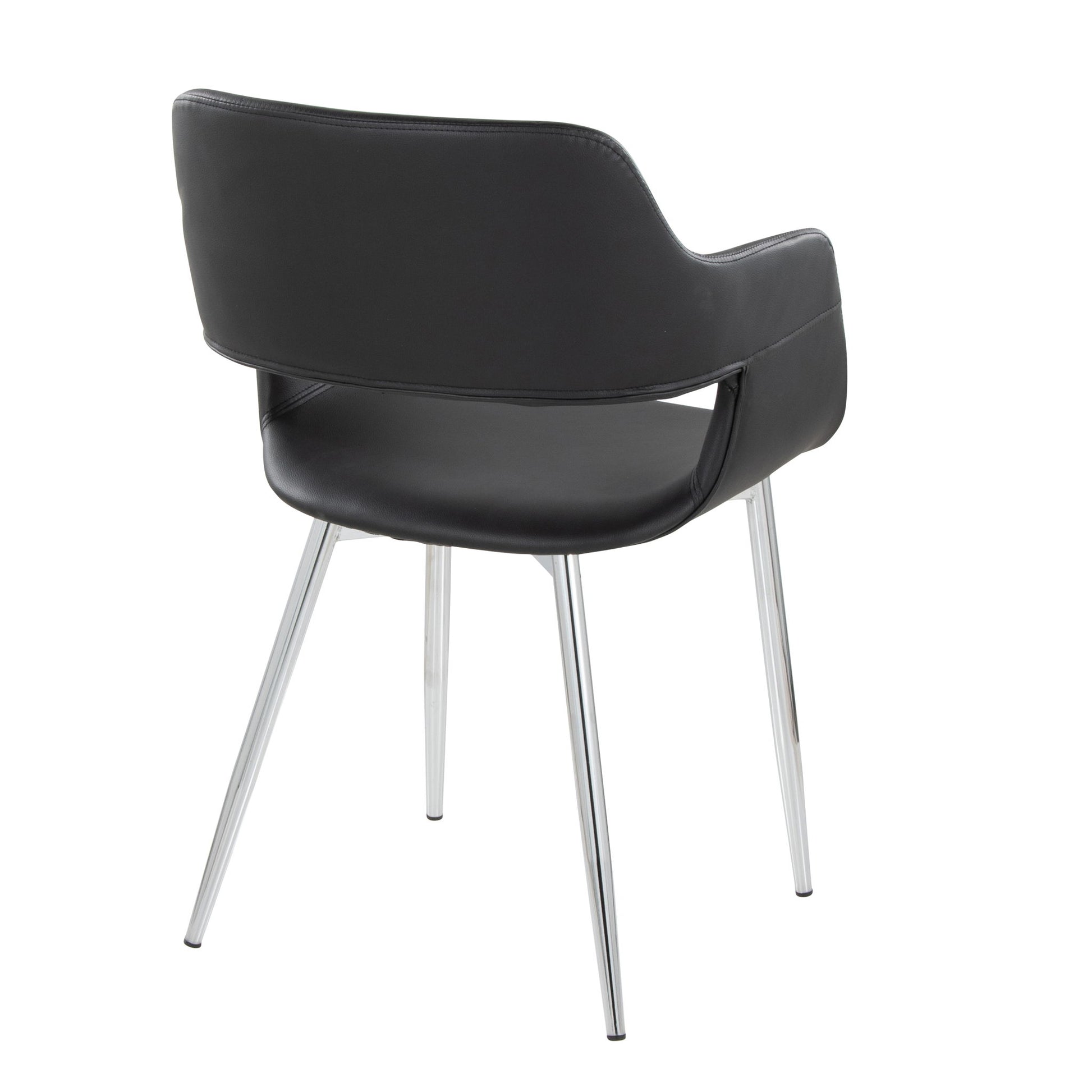 The Margarite - Contemporary Dining Chair (Set of 2) features a curved black leather seat, open lower back, armrests, and four angled chrome legs, shown from a rear side angle against a white background.