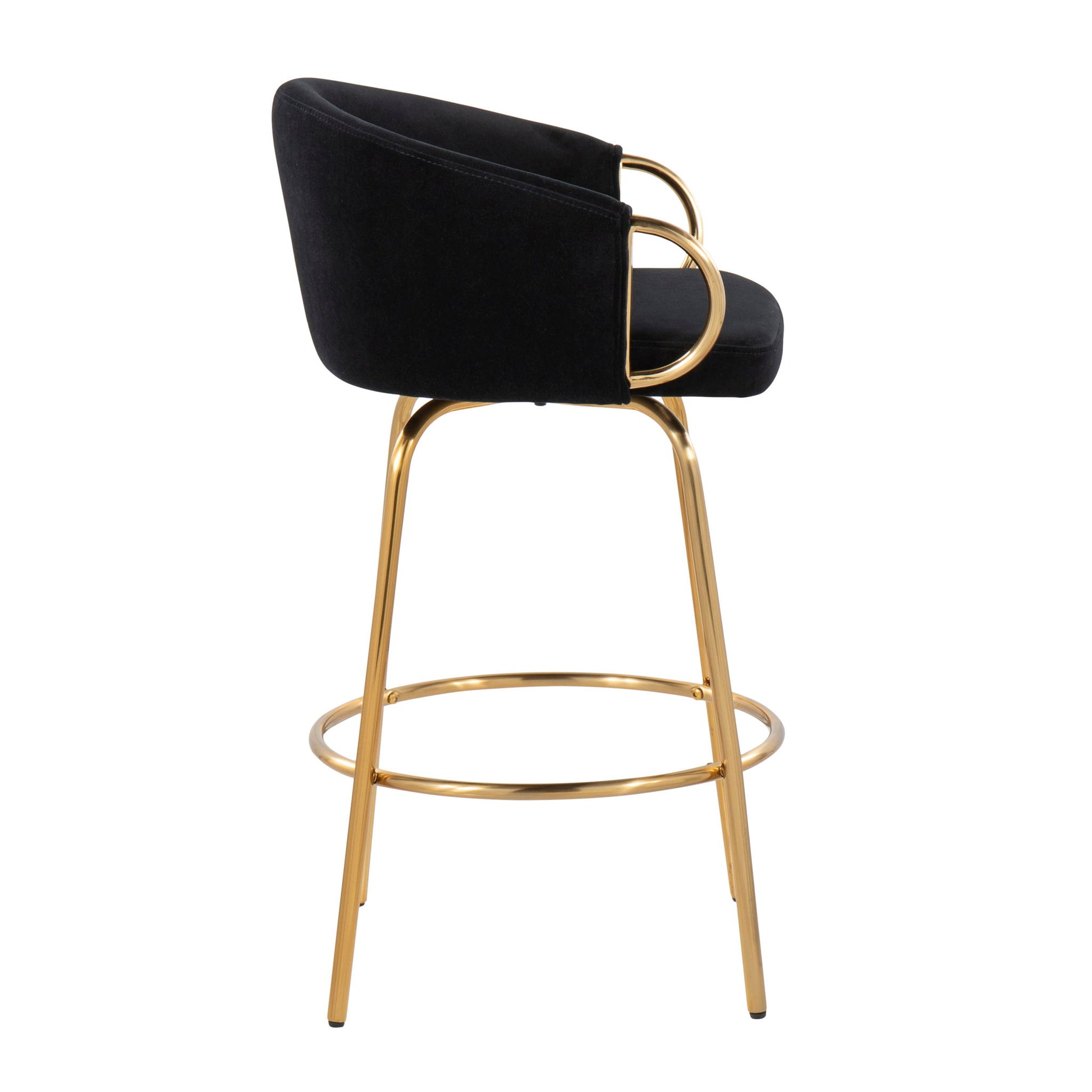 The Claire Contemporary & Glam Counter Stool (Set of 2) features a black cushioned seat and backrest, gold metal legs with a circular footrest, and rounded gold armrests for a modern touch.