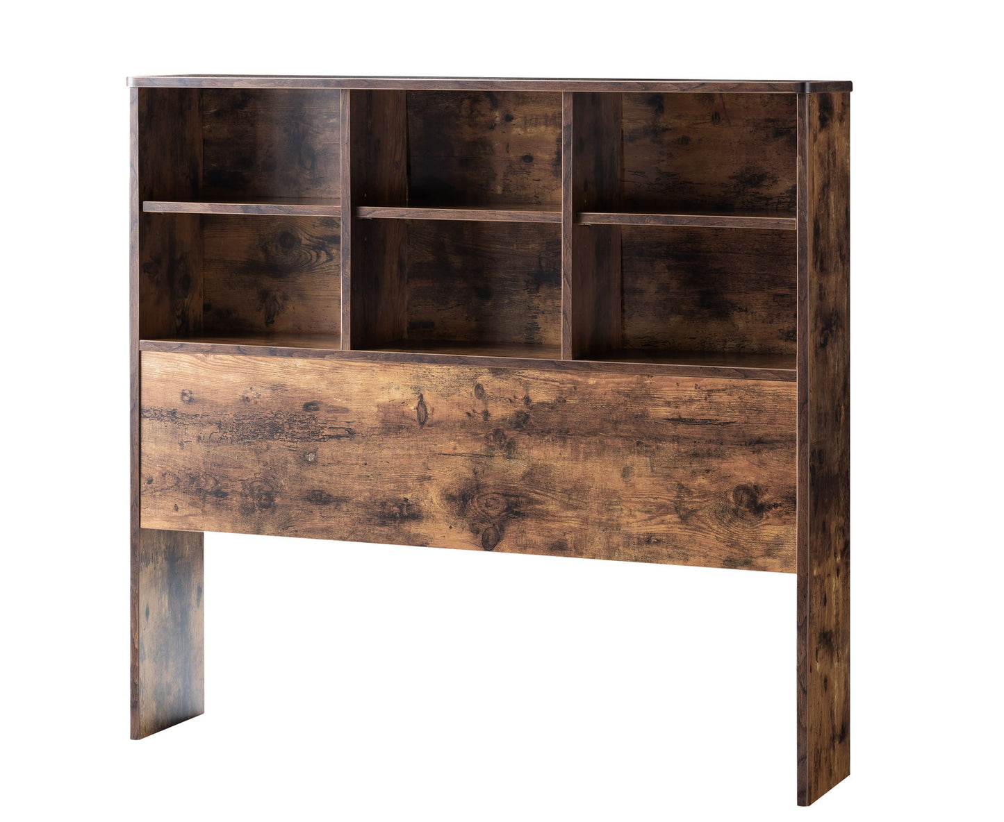 The Bookcase Headboard features six shelves, including three adjustable ones, a top panel with rounded corners, and a rustic wooden finish.