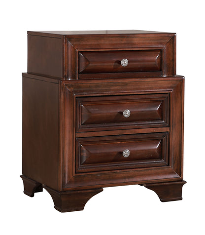 The LaVita Nightstand is crafted from dark wood and features three drawers with round metal knobs, beveled edges, decorative molding, and stands on four short, sturdy legs.