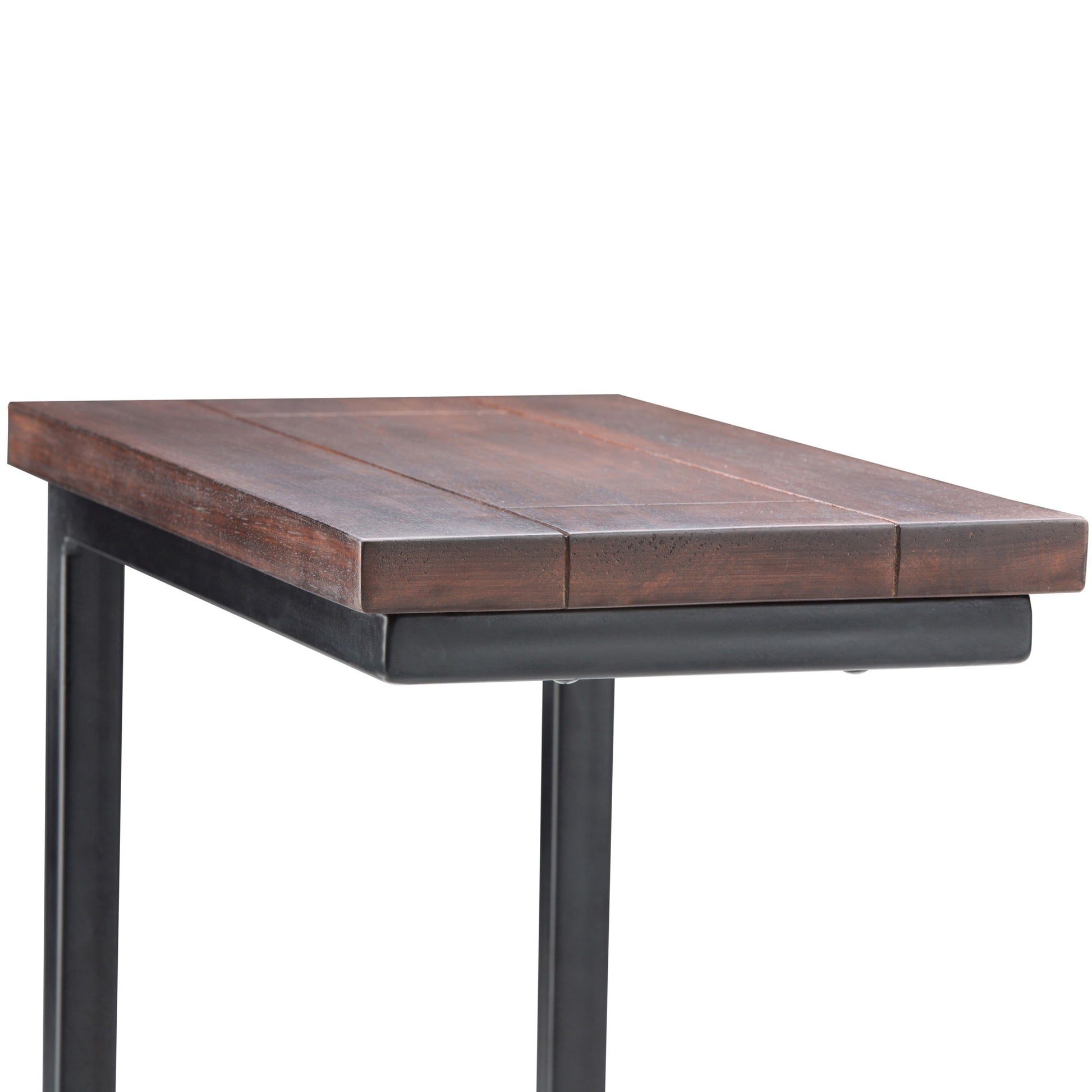 The Skyler - Handcrafted C Side Table features a dark wooden top and black metal legs in a minimalist industrial design, shown against a white background with clean lines.