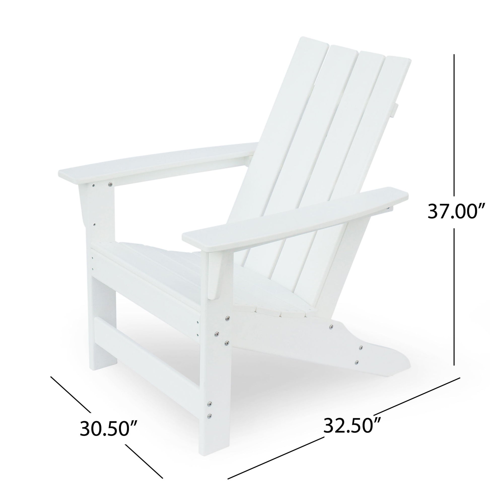The Enigmara Outdoor High Density Resin Adirondack Chair features wide armrests and a slatted back, shown at an angle. Dimensions: 37"H x 30.5"W x 32.5"D.