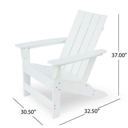 The Enigmara Outdoor High Density Resin Adirondack Chair features wide armrests and a slatted back, shown at an angle. Dimensions: 37"H x 30.5"W x 32.5"D.