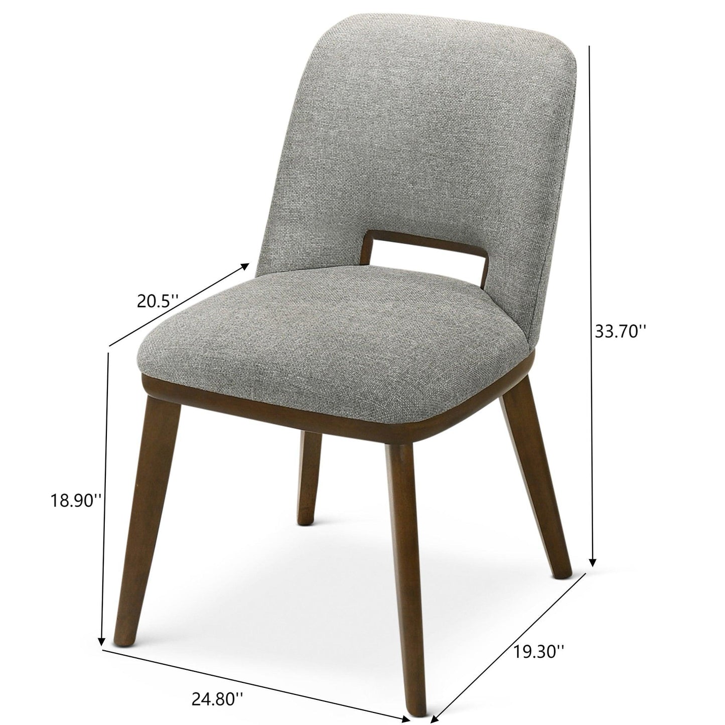 The Blake - Modern Dining Chair (Set of 2) features modern gray upholstery, wooden legs, and dimensions: seat height 18.9", width 19.3", depth 20.5", chair height 33.7", overall depth 24.8".