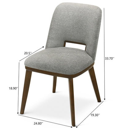 The Blake - Modern Dining Chair (Set of 2) features modern gray upholstery, wooden legs, and dimensions: seat height 18.9", width 19.3", depth 20.5", chair height 33.7", overall depth 24.8".