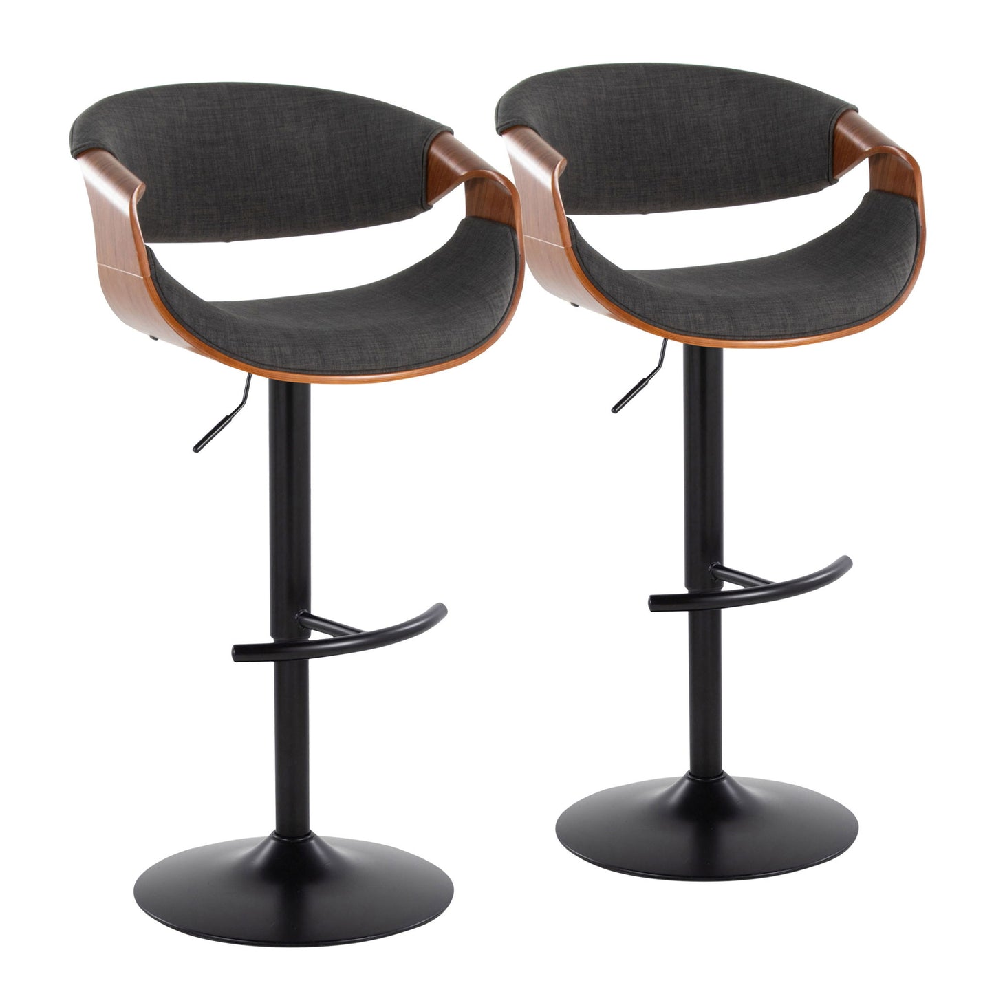 The Curvo set includes two mid-century modern adjustable barstools with swivel, dark grey cushioned seats, curved wooden backs, and black metal bases with rounded T footrests, shown side by side on a white background.